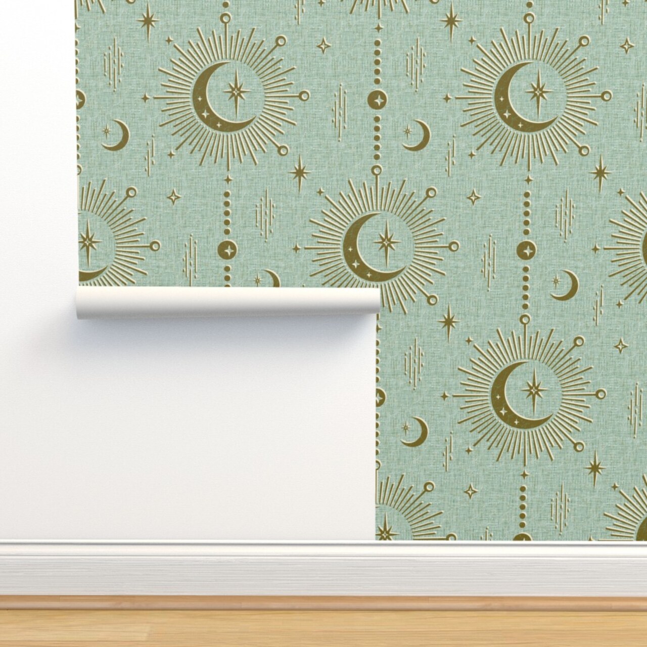 Sun And Moon Stars Retro Fifties Starburst Solar Good Luck Talisman Moroccan Lunar Hamsa Fortune Telling Custom Removable Wallpaper by Spoonflower Peel & Stick Wallpaper 2FT Wide